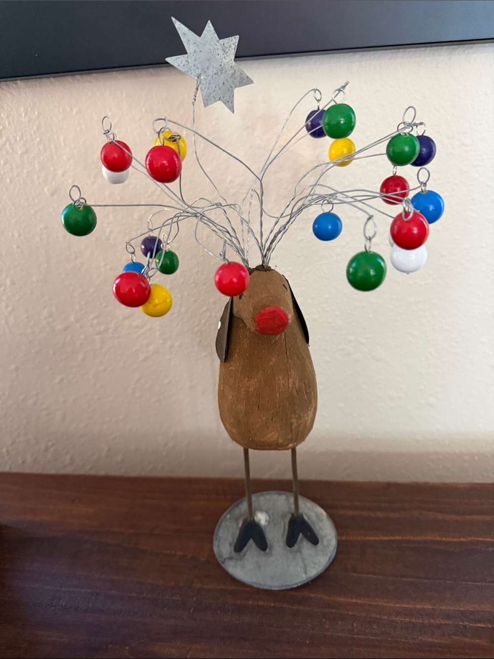 Wooden Reindeer Figurine with Multicolor Ornaments